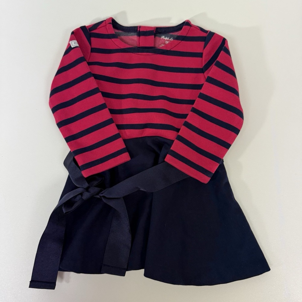 Ralph Lauren Little Girls Pink‎ Navy Striped Fit & Flare Dress 3 Months Preppy